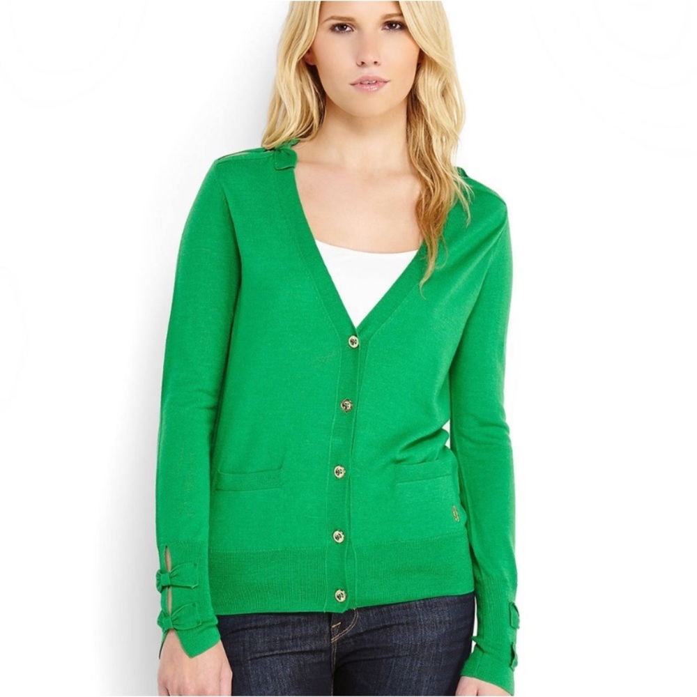 Juicy Couture Elisa Bows Cardigan Button Sweater Christmas Holiday Green EUC XS